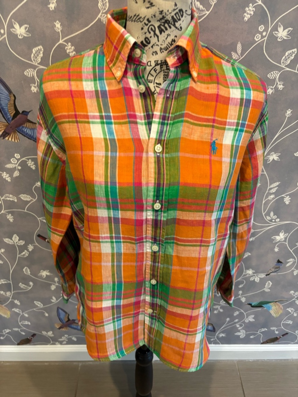Ralph Lauren Linen Orange, Green Plaid Button-Down Long Sleeve Shirt Women 6